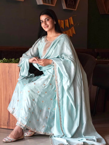 Milky Blue Maharani Soft Silk Anarkali Dress Geetha Creation